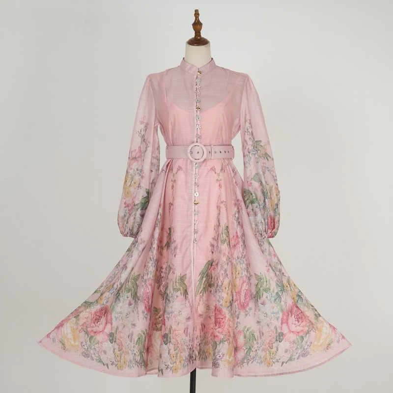 

Summer Autumn Australian Cotton Linen Court Style Long Sleeve Flower Print Dress Women Holiday Dress Elegant Classy Fashionable
