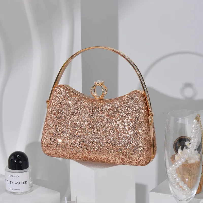 Style sequined dinner bag light luxury crown lock rhinestone handbag women's party dress with chain messenger bag