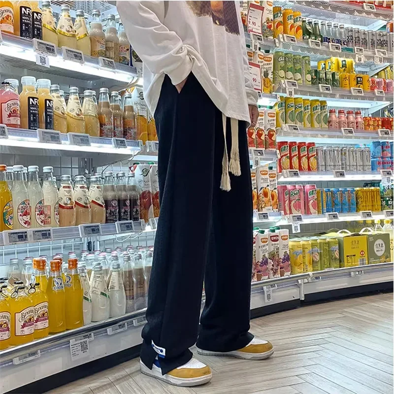 

Корейские мужские спортивные штаны High Street, модные свободные повседневные прямые брюки с боковым разрезом, винтажные жаккардовые мешковатые брюки Y2k, мужская одежда