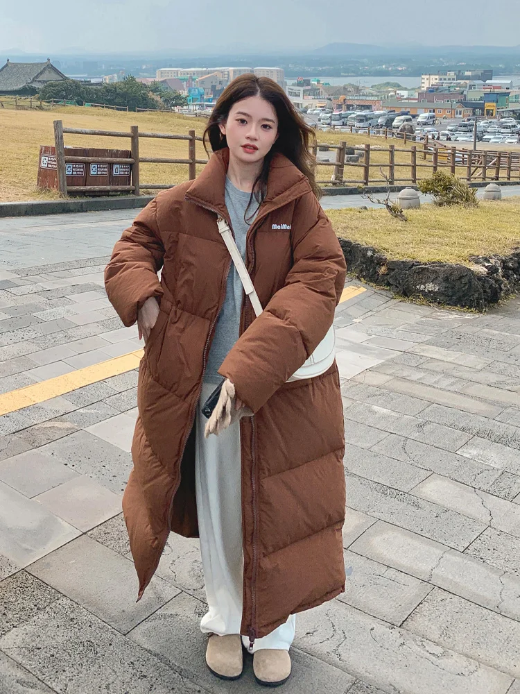 معطف منتفخ بني بطول الركبة للنساء شتوي كبير الحجم سميك بياقة واقفة سترة قطن كورية طويلة سترات خبز دافئة #2