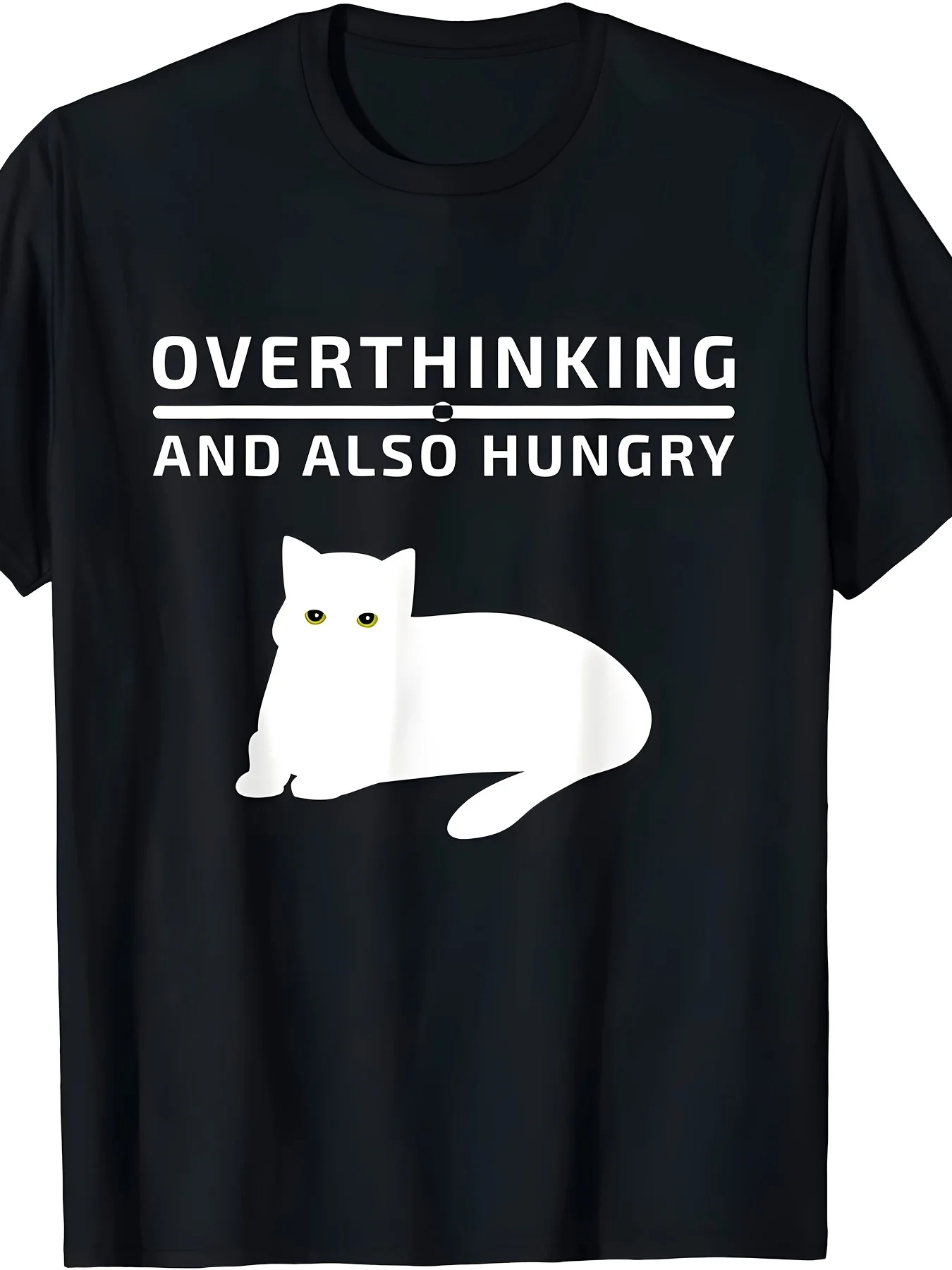 2026 Funny Overthinking & Hungry White Cat T-Shirt - Oversized Casual Fit Black Tee with -Like Manga Text & Tabby Cat Design for