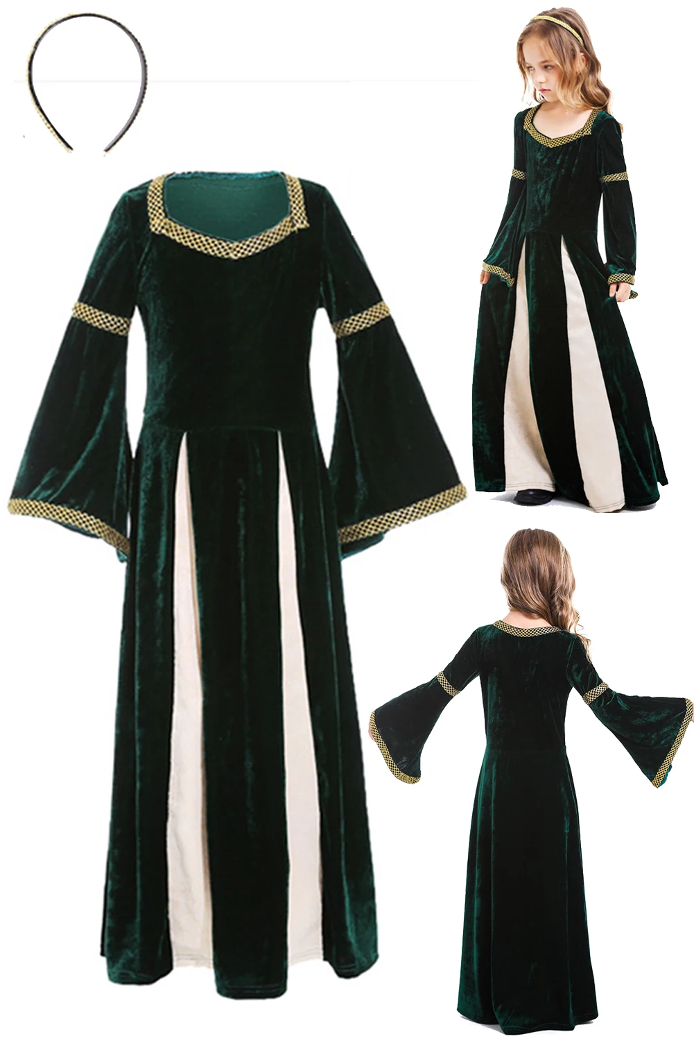 

Medieval Princess Cosplay Kids Girls Fantasia Dark Green Retro Gown Halloween Renaissance Costume Disguise Party Clothes
