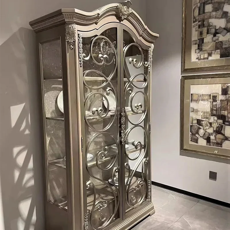 كابينة النبيذ الخشبية الصلبة الريفية الأمريكية وفن جديد Doub le Door Gl Ass Anti Que Cab Net #2