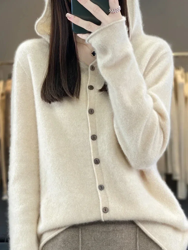 Long Sleeve Women Sweater Autumn Winter Casual Cardigan 100% Merino Wool Solid Hoodie Cashmere Knitwear Korean New Fashion Tops