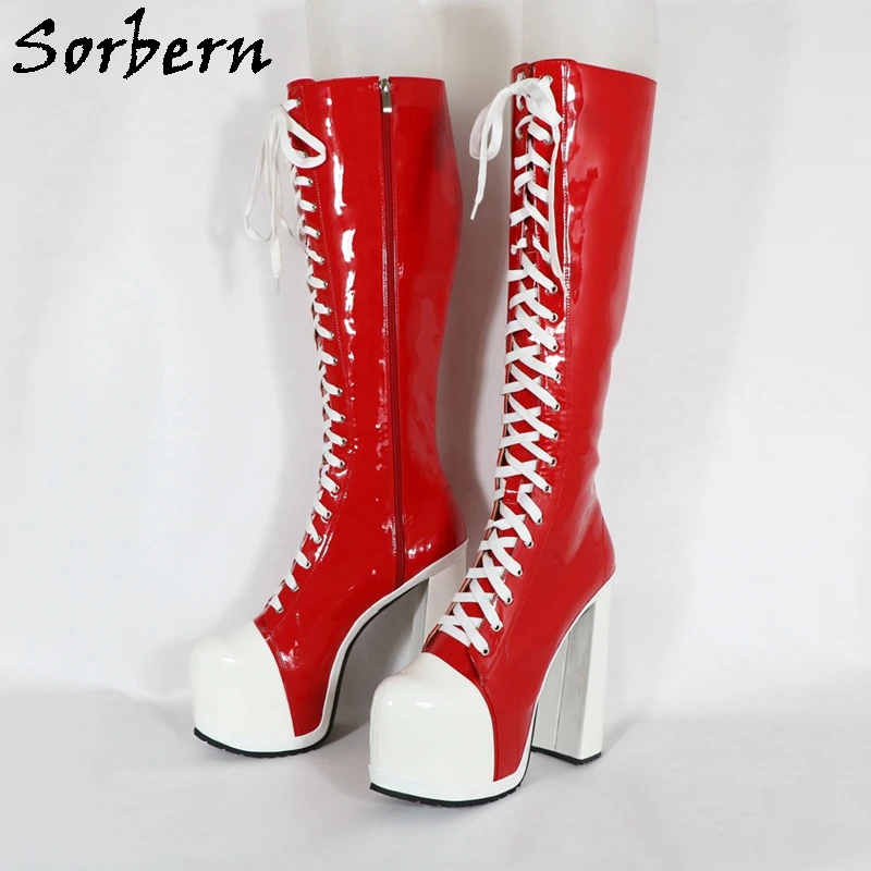 Sorbern Red Patent Knee High Boots Block High Heel Sneaker Style Lace Up Hidden Platform Shoes Customized Wide Or Slim Fit Legs