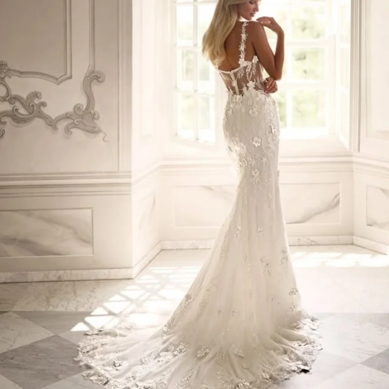 White Appliques Wedding Dresses off-shoulder fishtail 3D flower decal Bridal Gowns Made Customized