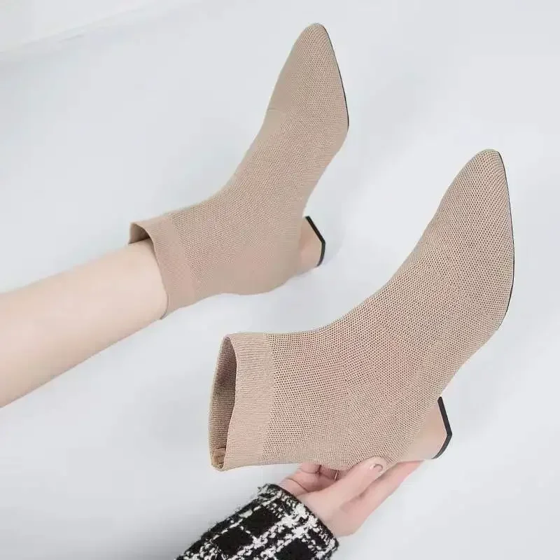 Woman Knitted Ankle Boots 2023 Autumn Winter Women‘s Casual Low Heel Pumps Ladies Outside Shoes Female Casual Chelsea Boots