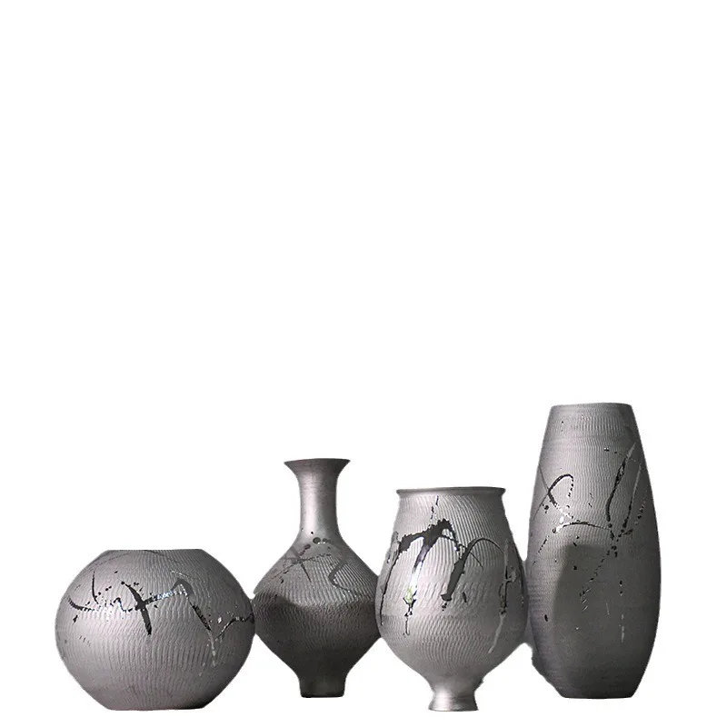 New Chinese Modern Simple Silver-Plated Retro Glazed Ceramic Flower Ware, Living Room Model Room Ornament