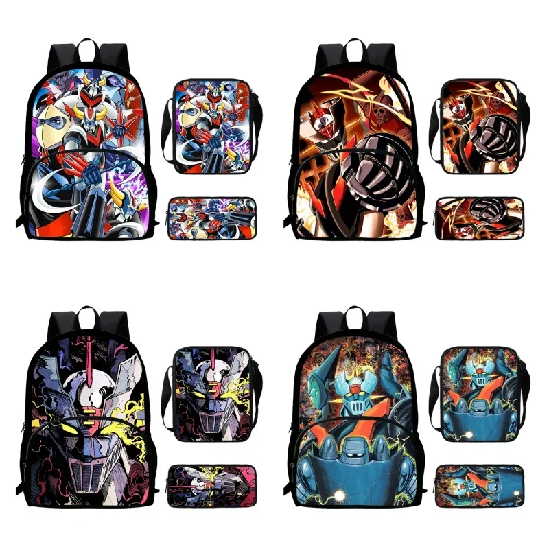 Cartoon M-Mazinger-Z Child School Bags with Front Pocket,Shoulder Bags,Pencil Bags for Aged 5-10 Anime School Backpack Boy Girl