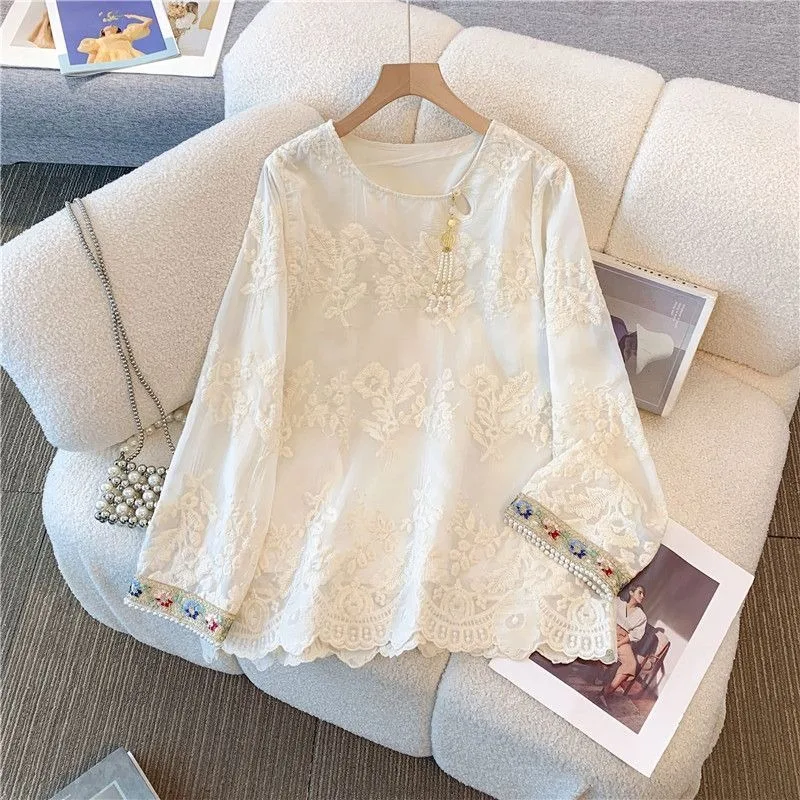 Women Round Neck Embroidered Lace Blouse Long Sleeve Elegant Design Casual Shirt