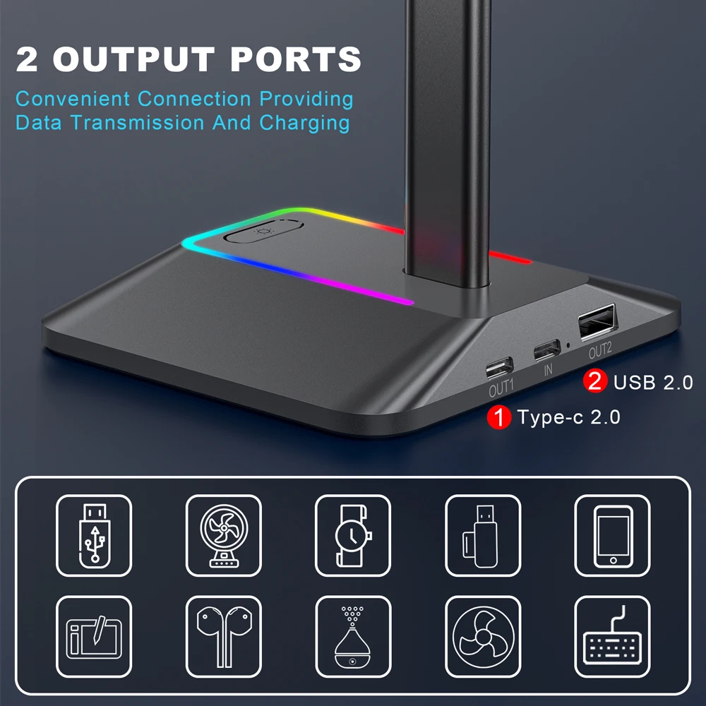 Multi-color luminous gaming headset holder RGB headset holder with USB charger and Type-C 2.0 port