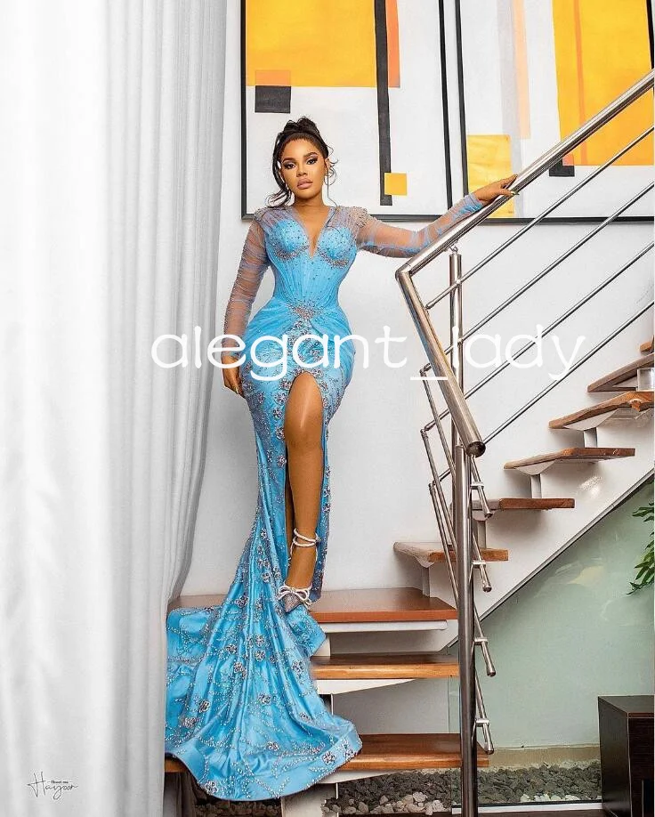 Sky Blue Mermaid Aso Ebi Prom Dresses sexy High Slit Long Sleeve Sparkly Applique Floral Corset Evening Gown Customsized