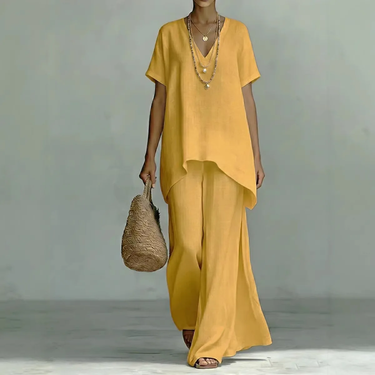 Loose Casual Two Piece Set Women Summer New V Neck Short Sleeve Pullover Top Wide Leg Pants Set Elegant Office Ladies Suit