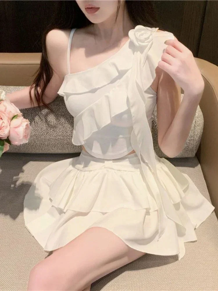 

New Women Sexy Sling Set Skirt Summer Korean Fashion Design Irregular Off Shoulder Lady Top High Waist Half Skirt Two Piece Set