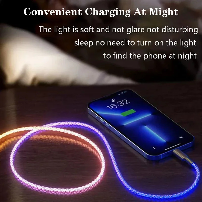 1M Fast Charging RGB Breathing Luminous Gradient Light Data Cable 60W TYPE-C Charger For iPhone 15 Xiaomi Samsung POCO PD Cord