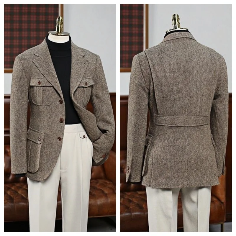 Men's Vintage Herringbone Tweed Blazer British Wool Blend Double Breasted Lightweight Casual Sport Coat Formal Jacket