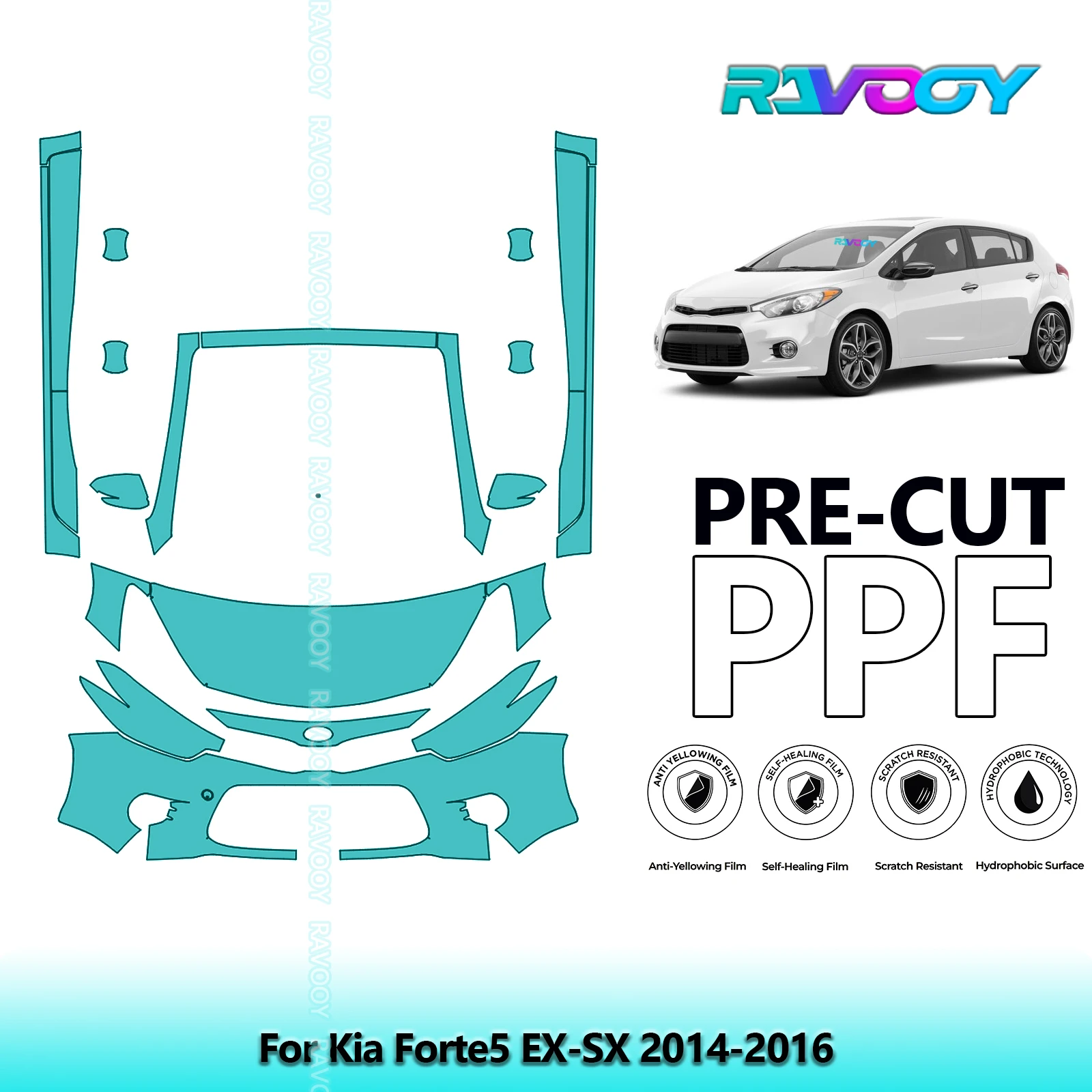 

8.5Mil Precut Paint Protection Film PPF Clear Bra Front Kit+Rockers For Kia Forte5 EX-SX 2014-2016