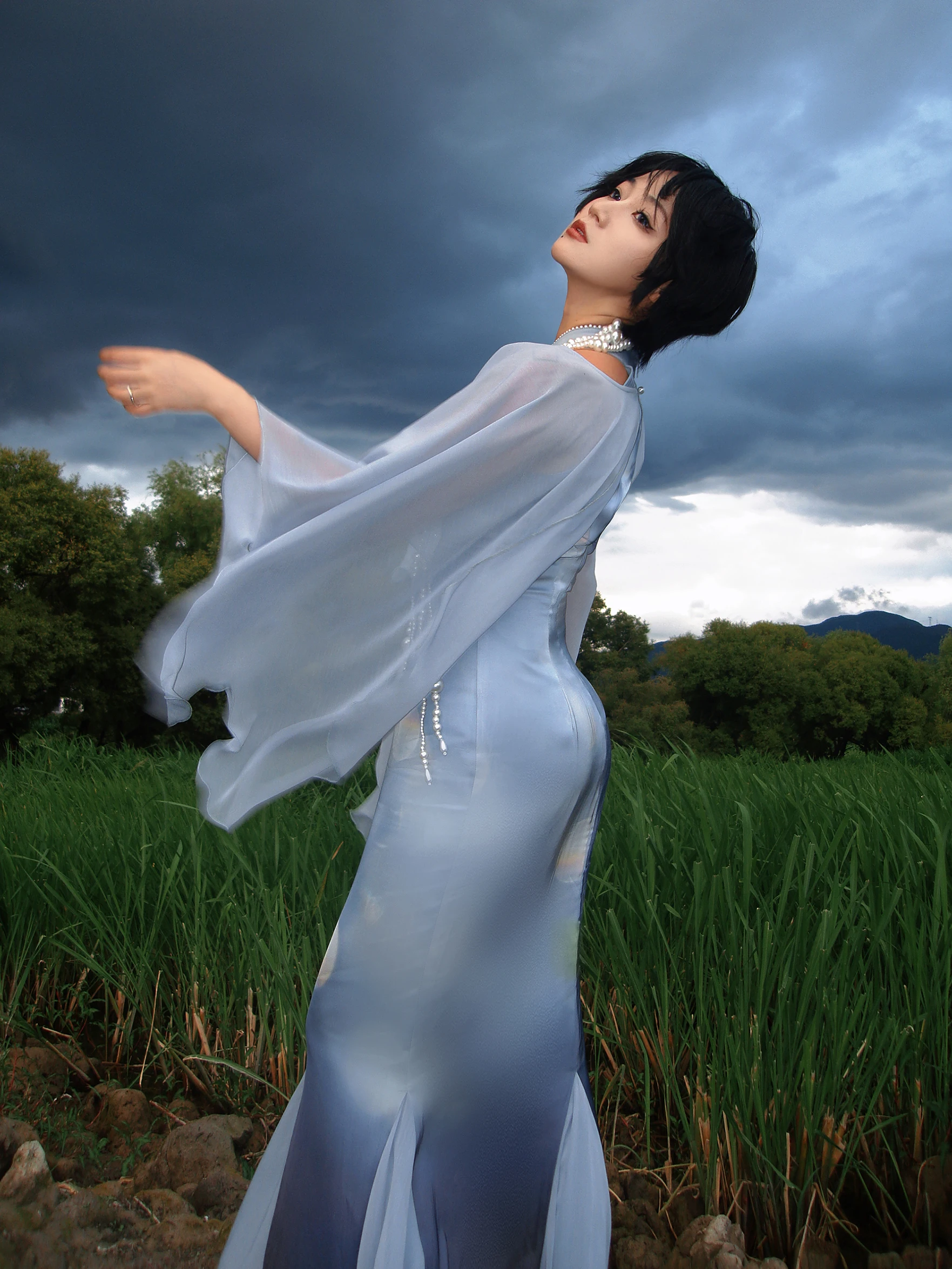 

Новый китайский комплект из двух предметов: шелковый атласный костюм с юбкой-шлейфом, дышащий, приятный для кожи, в стиле феи, длинное платье-ципао