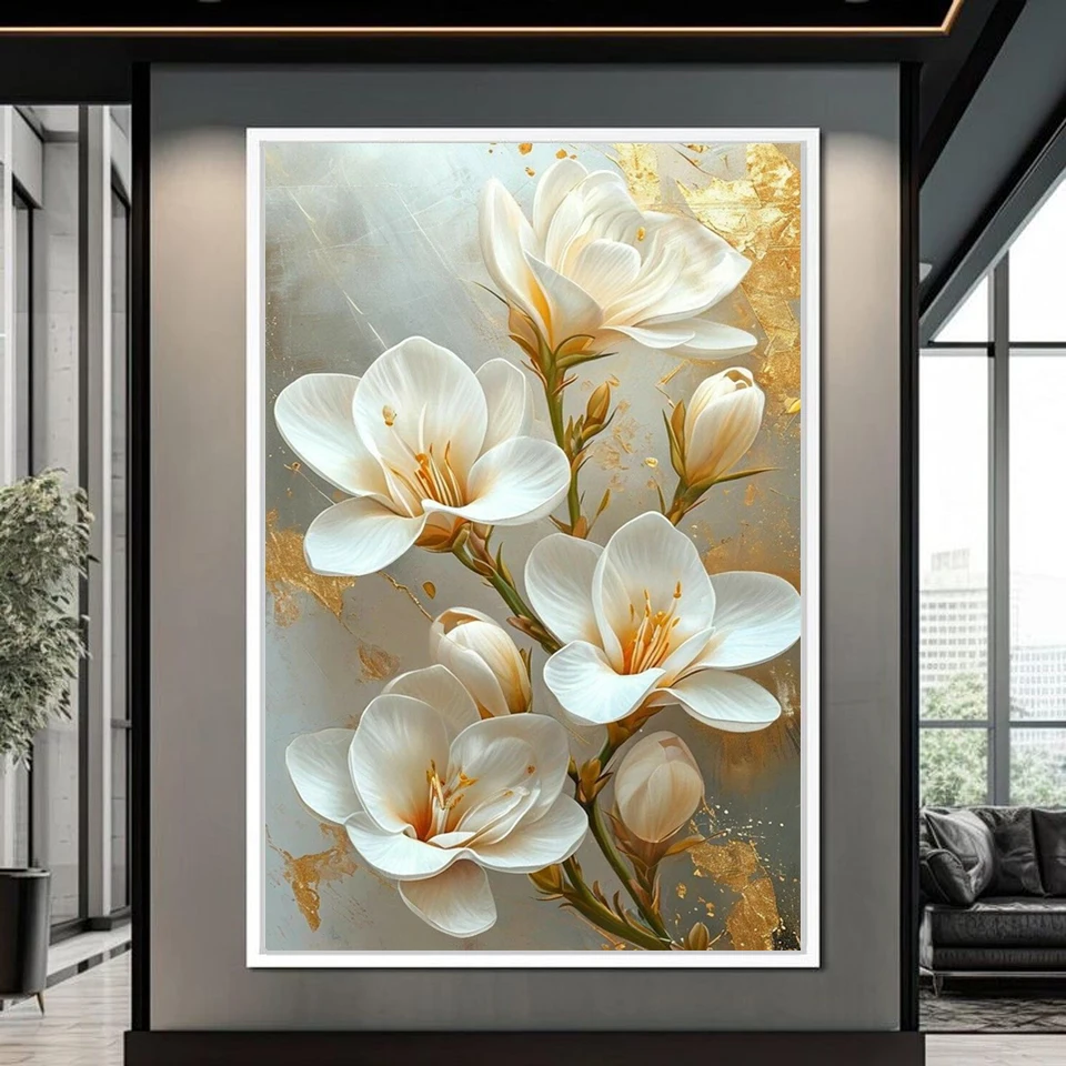 الماس التطريز جديد 2025 الماس اللوحة الذهبي الأبيض الزهور صورة الراين فسيفساء عبر غرزة 5D DIY بها بنفسك اليدوية هدية