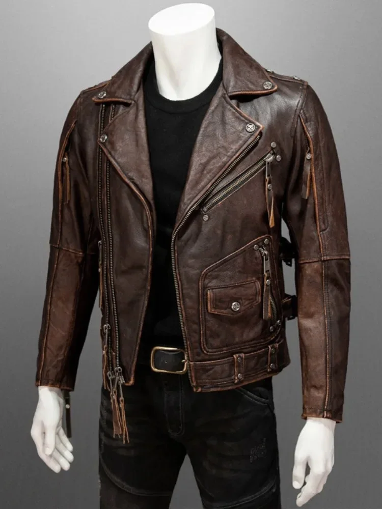 Mens Cowhide Genuine Leather Jacket Streetwear Punk Motorcycle Short Coat Autumn Zipper Slim Vintage Pilot Jacket Size 5XL 6XL