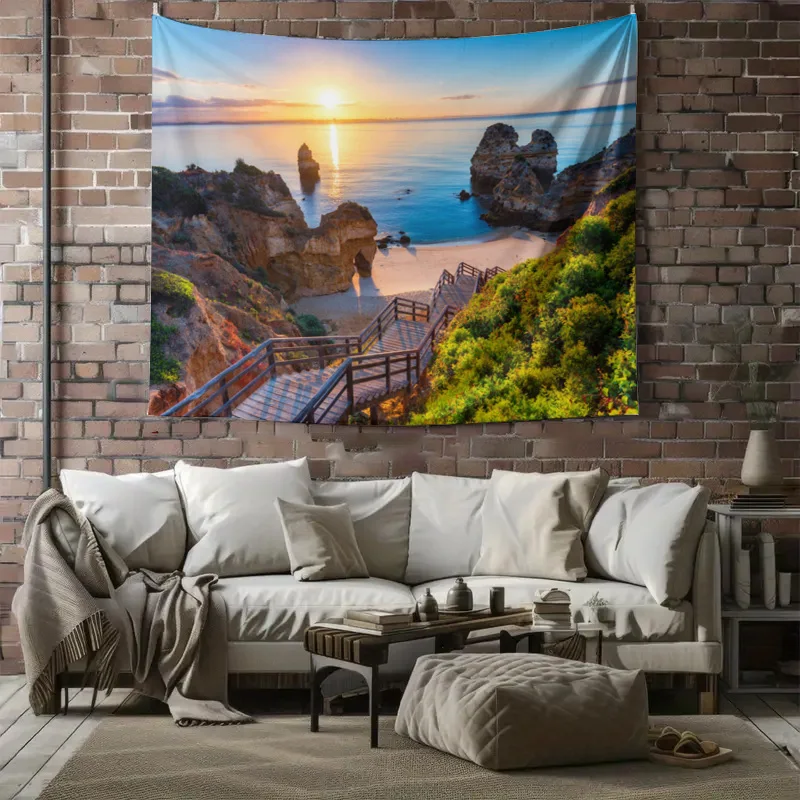 Boho Beach Sunset Seascape Tapestry Wall Art Ocean Cliff Tropical Nature View Hanging Decoration Boho Aesthetic Print Decor Room
