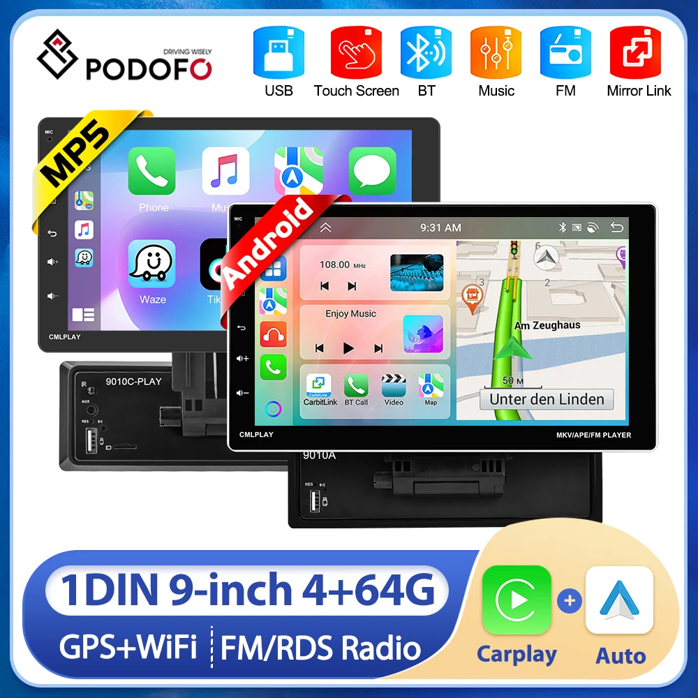 

Podofo Wince/Android Car Stereo Radio 9''Touch Screen Wireless Carplay Car Multimedia Player 1DIN FM BT USB Radio Receiver