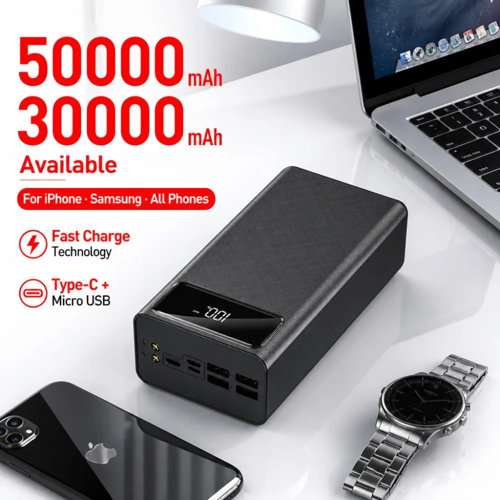 30000mAh 50000mAh High Capacity Power Bank, 6-Output Fast Charging Portable Charger, Multi-USB Battery Pack for iPhone Samsung