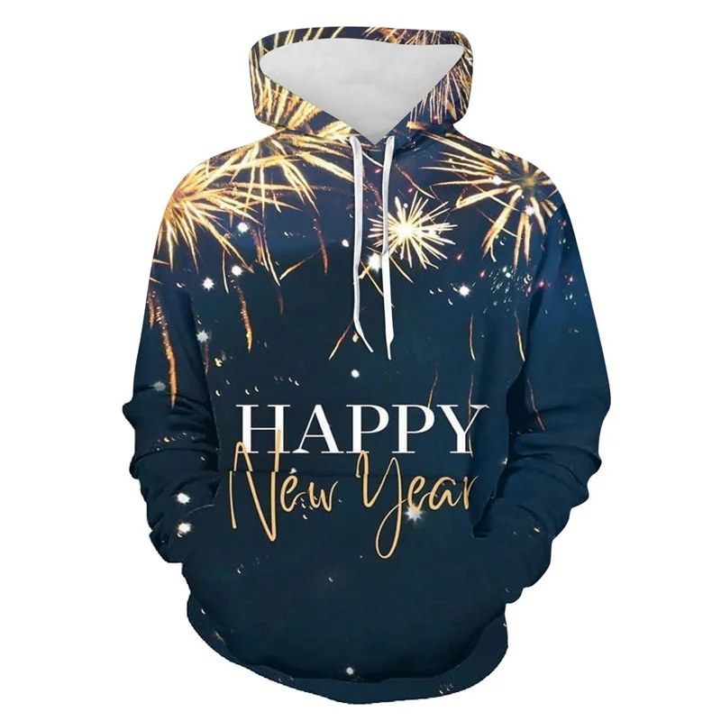 Happy New Year Pattern Hoodie For Men Colorful Fireworks 3D Printed Long Sleeves Casual Pullover Tops Hoodies Loose Sweatshirt