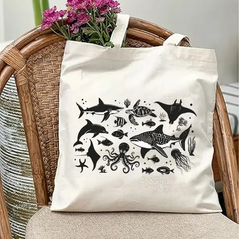 Meeresorganismen-Tragetaschen mit leuchtenden Hai-, Fisch- und Oktopus-Designs, Schultertasche für Strand, Picknick, Reisen und Einkaufen – Detail 7