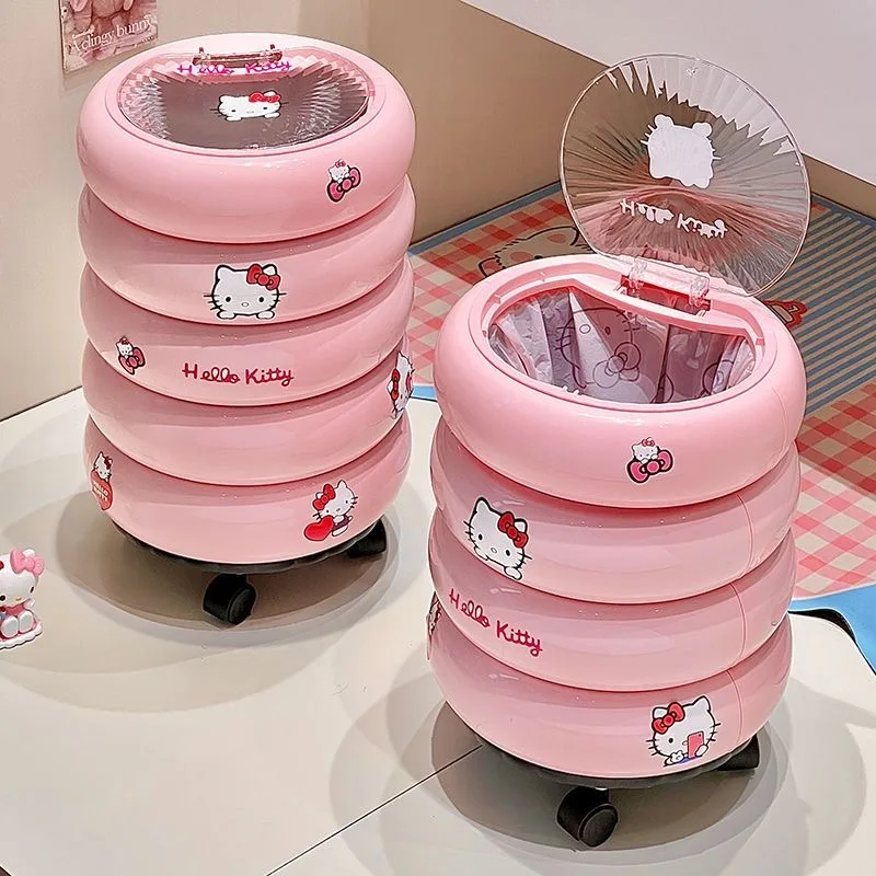 Sanrio Cute Hello Kitty Round Double-Layer Rolling Trash Can Dust-Proof Odor Isolation Flip Lid Flip Lid Household Waste Bin view 6