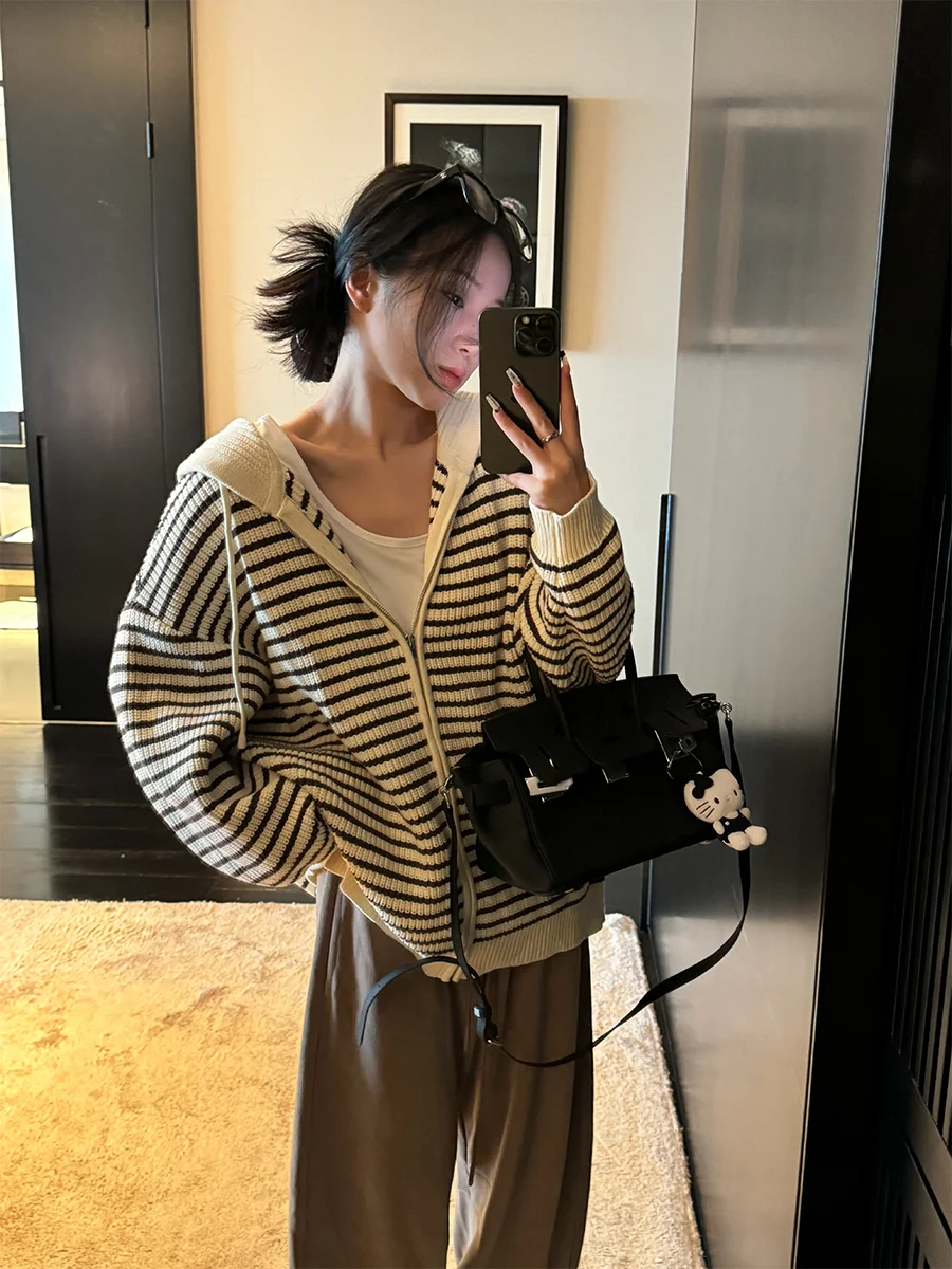 

Women's Open Cardigan Hooded Striped Knitted Loose Fit Autumn Outerwear Soft Casual Sle Long Sve Dstring Color