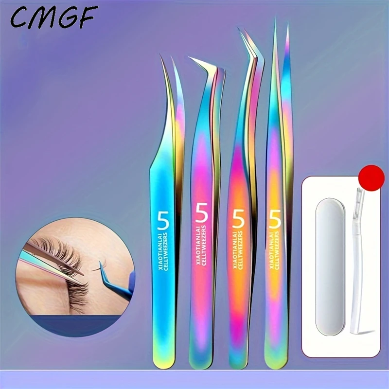 CMGF-alta precisão colorida pinças de cílios em aço inoxidável, pinças retas e curvas, Slant Tip, 4pcs