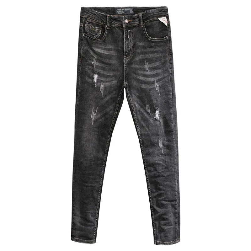 Fashion Designer Men Jeans Retro Black Gray Slim Fit Stretch Ripped Jeans Men Hole Trousers Vintage Casual Denim Pants Hombre