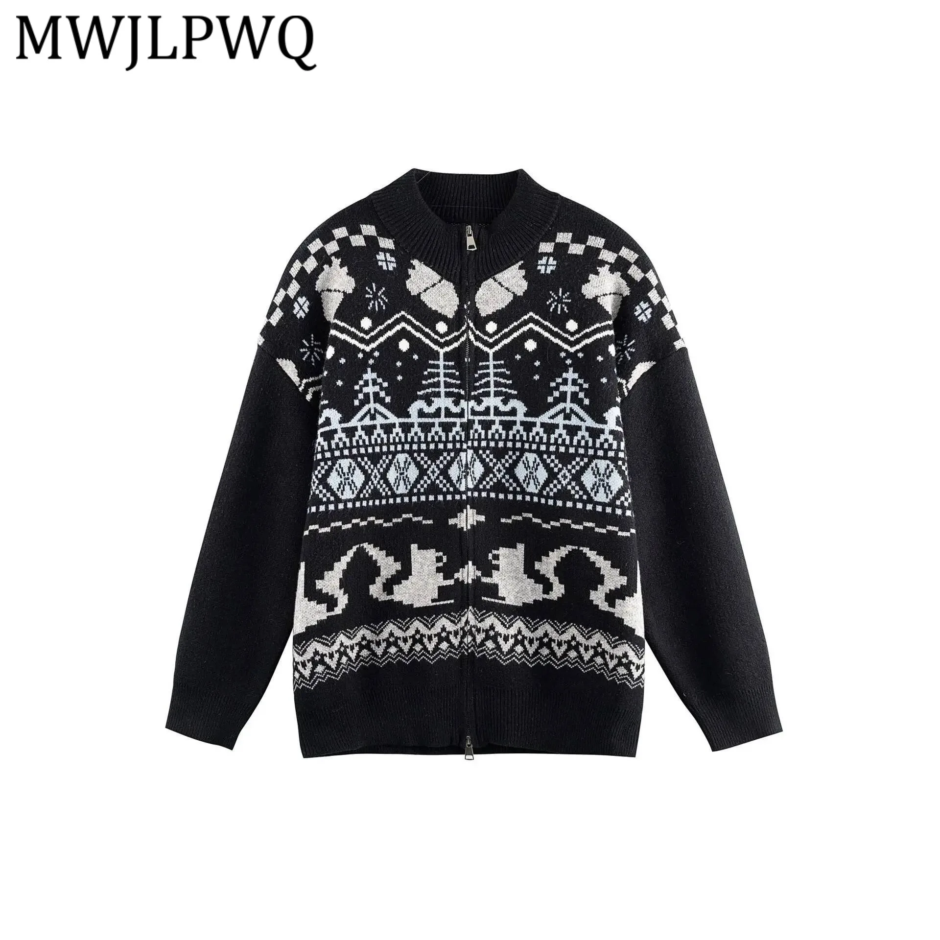 

MWJLPWQ модный американский ретро индивидуальный дизайн свитер мужской кардиган на молнии с принтом повседневные вязаные топы 2025 зимняя новинка 21920
