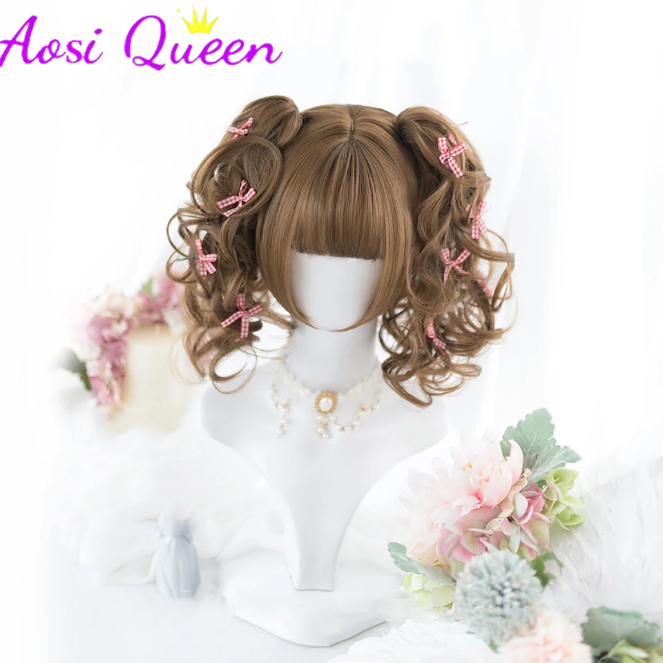 AOSI Beige Golden Elegant Retro Roman Curly Double Ponytail Lolita Tiger Mouth Clip Wig