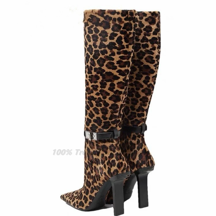 European and American Thick Heel Square Metal Buckle with Decorative Side Zipper Leopard Print Knee Length Knight Women's Boots