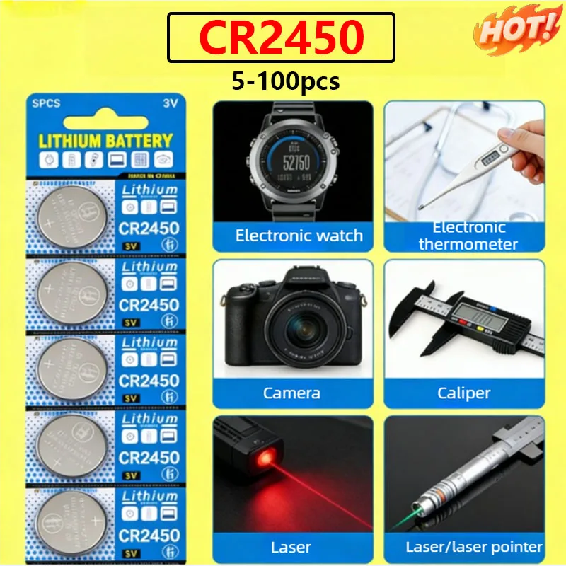5-100pcs CR2450 3V 600mAh Lithium Coin Cell Battery for BMW Key Fob Remote Control Calculator Watch Thermometer