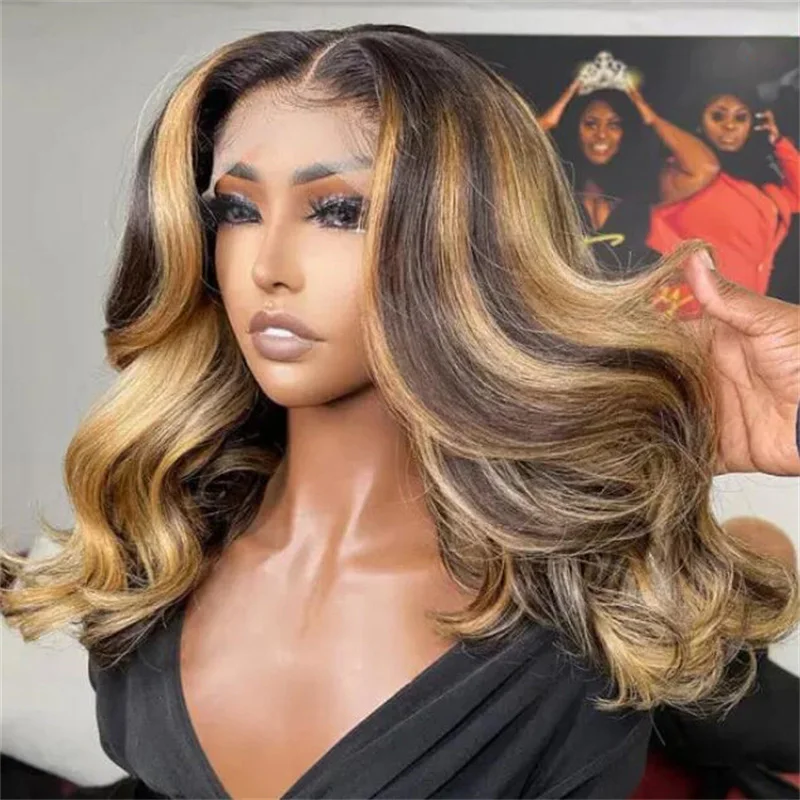 5x5 Silk Base Highlight Brown 16InchBob Wave Glueless Jewish Human Hair Wig With BabyHair HD Lace European Hair Preplucked Daily