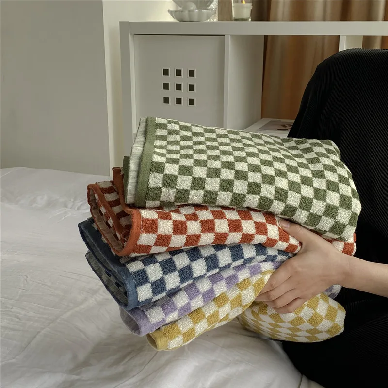 Retro Checkerboard Plaid Long-Staple Cotton Towel Washcloth Travel Hotel Bath Towel Bathrobe Camping Gym Portable Face Towels