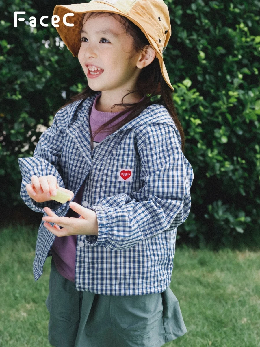 

Sun Protection Outdoor Lightweight Plaid Hooded Jacket for Girls Summer Breathable Skin Friendly Cotton Polyester Blend