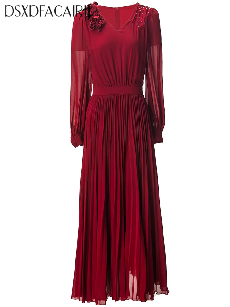 

DSXDFACAIRIJ Women's Pleated Long Diamond Dress Appliques V-neck Lantern Sleeve Solid Color Vintage Autumn Wear for Females