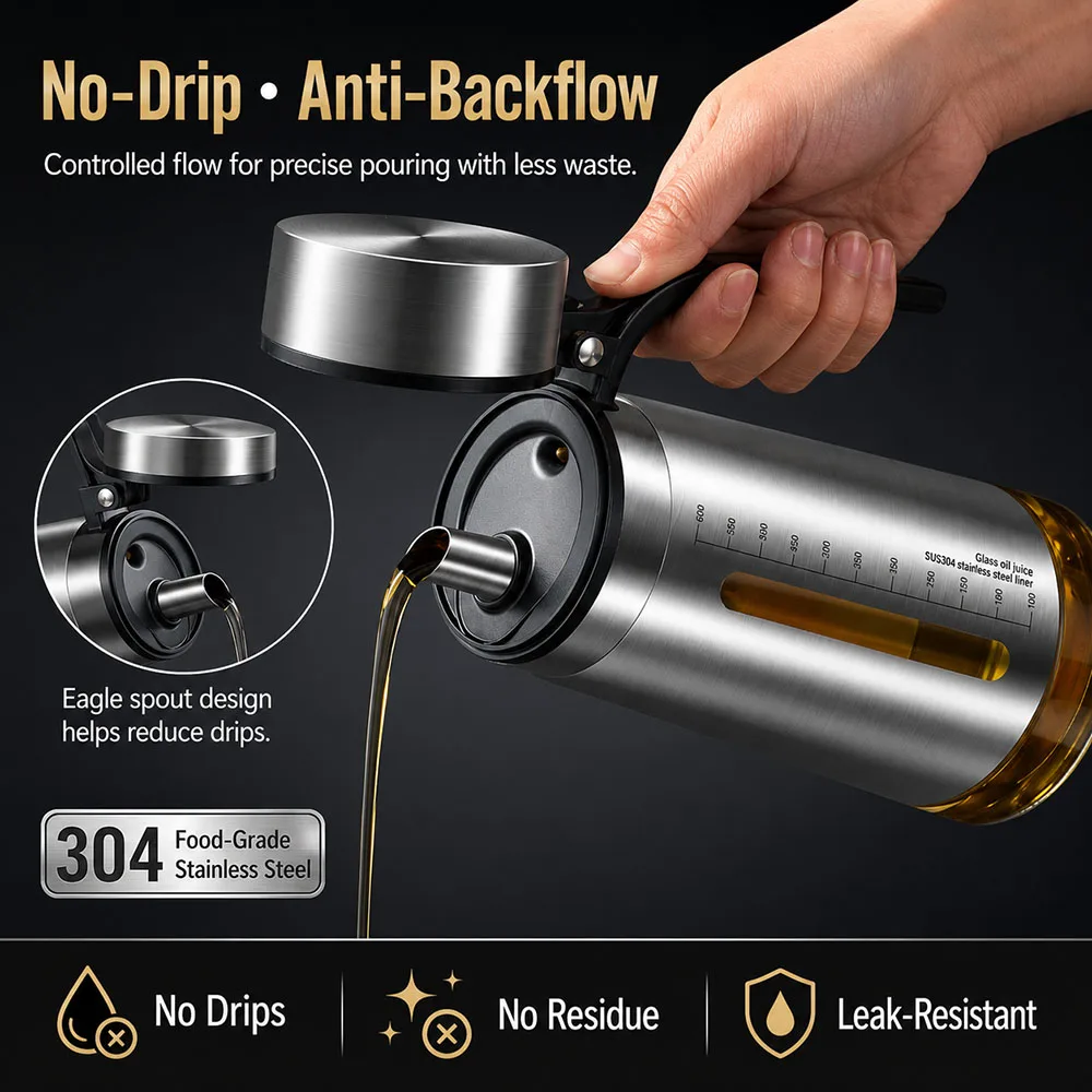650ml 304 Stainless Steel & Glass Oil Dispenser Bottle, Leakproof Flip-Lid Cruet for Olive Oil, Soy Sauce, Vinegar & Seasoning
