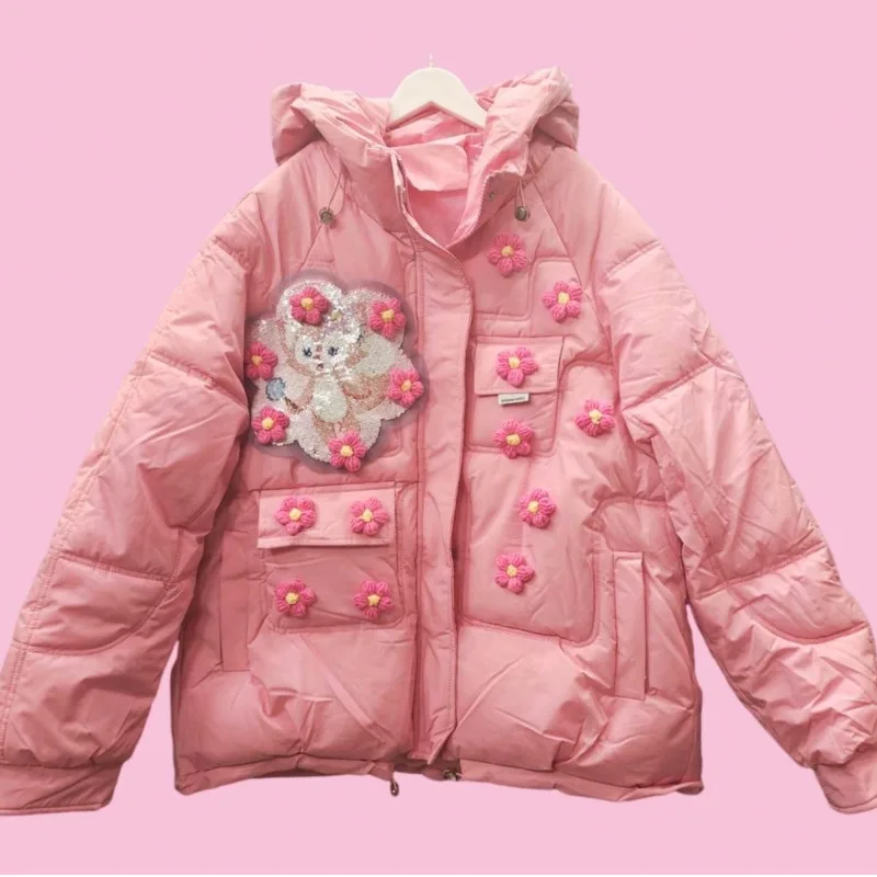 

Hello Kitty Pink Long Sleeved Women's Cotton Jacket Autumn Cute Stickers Loose Hooded Jacket Korean Versatile Cartoon Girl Top