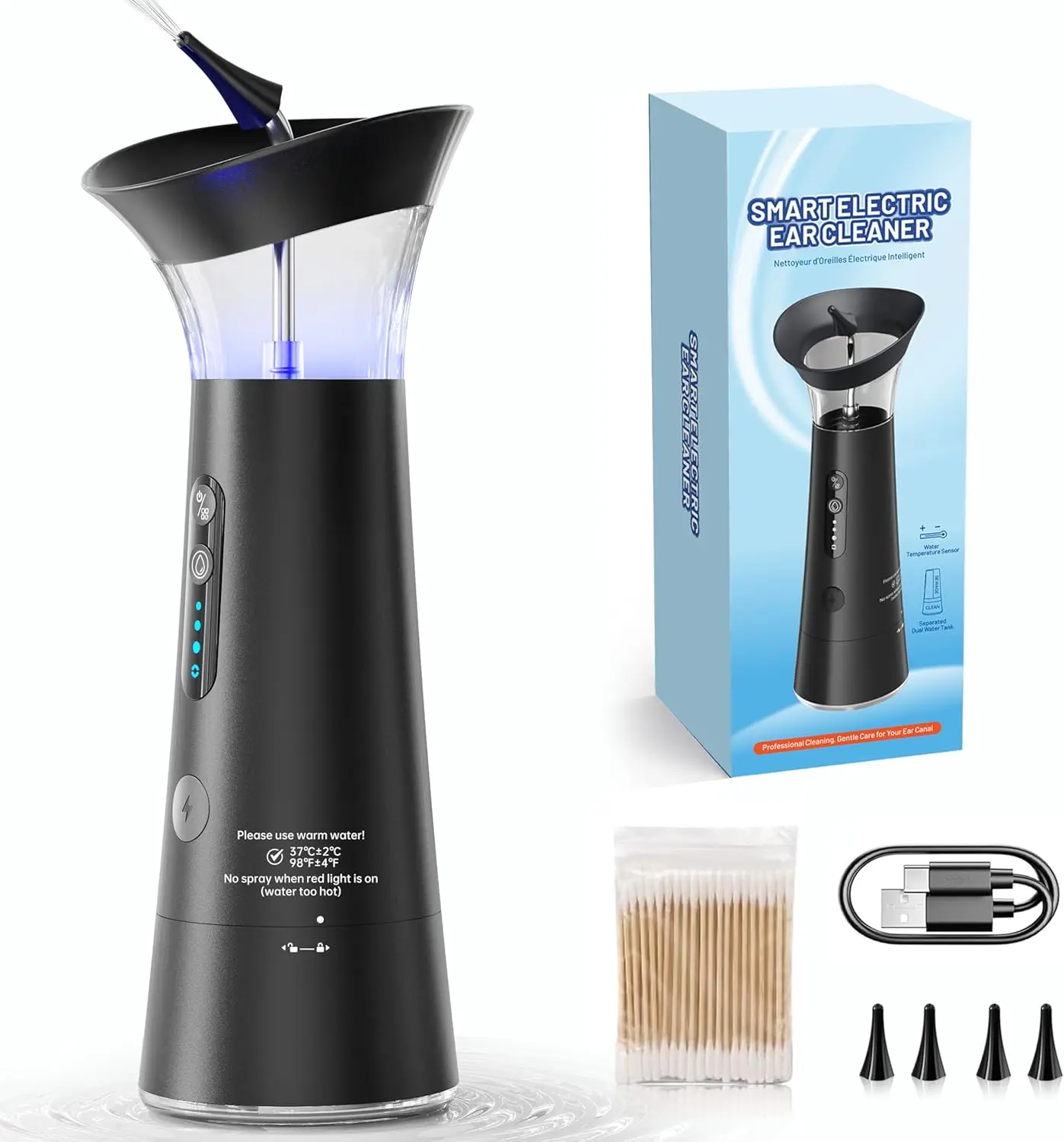 

Электрический набор для удаления ушной серы с двумя резервуарами, водонепроницаемость IPX6, определение температуры, эргономичный дизайн, 4 насадки