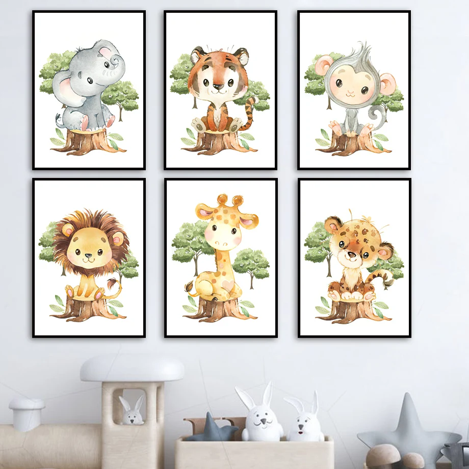 

Woodland Animals Nursery Wall Art Mural Print Lion Giraffe Tiger Elephant Leopard Canvas Painting Poster Baby Kids Room Decor