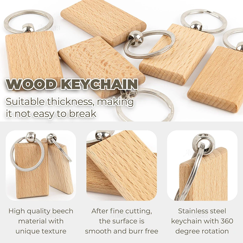 10/20/50/60/100Pcs Rectangular Wood Keychains Rectangle Wood Key Chains Blanks Wood Keyrings DIY Gift Crafts