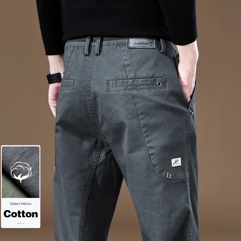 

Темно-серые мужские брюки-карго из чистого хлопка, свободные зауженные эластичные удобные повседневные брюки, модные осенние брюки для бега