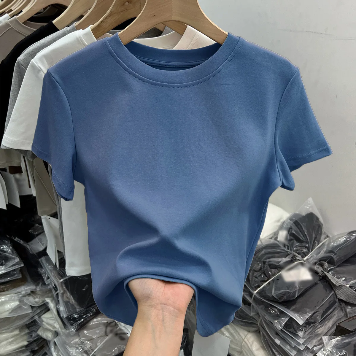 

Pure Cotton round Neck Short Sleeve T-Shirt Women Slim Fit Base Shirt Show Thinness Ribbed Base Layer Summer Top Commute Style