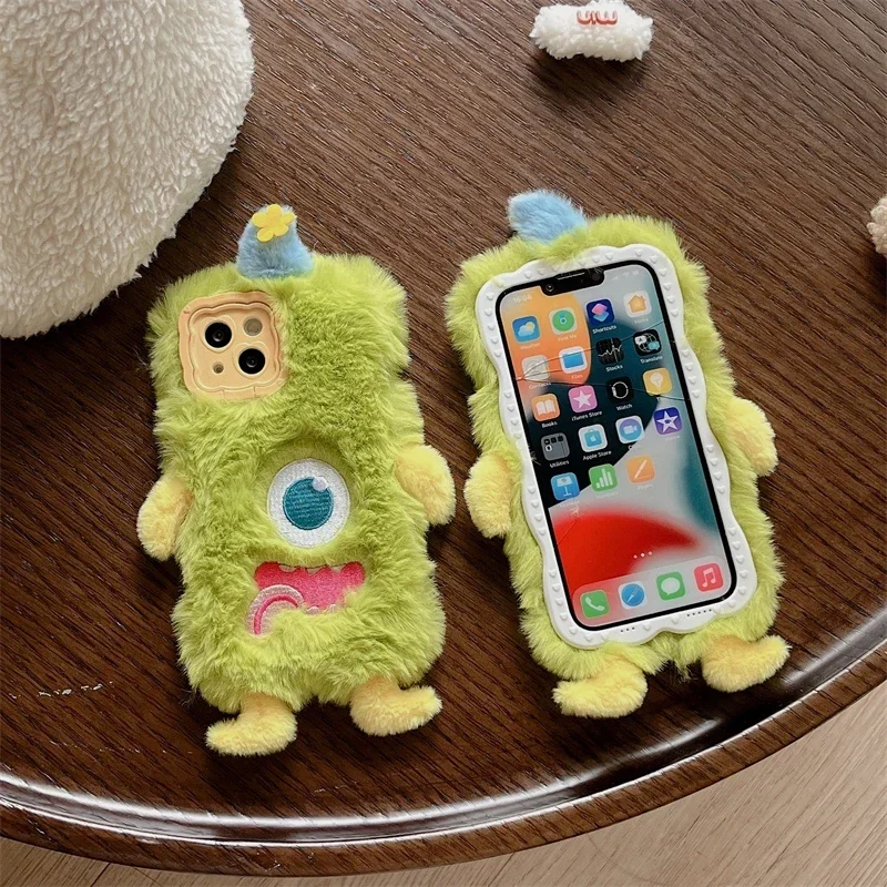 3D Cute Cyclops Warm Winter Plush Soft Phone Case for Huawei P40 P50 P60 Pro Pura 70 Pro Fluff Toy Camera Protect Back Cover