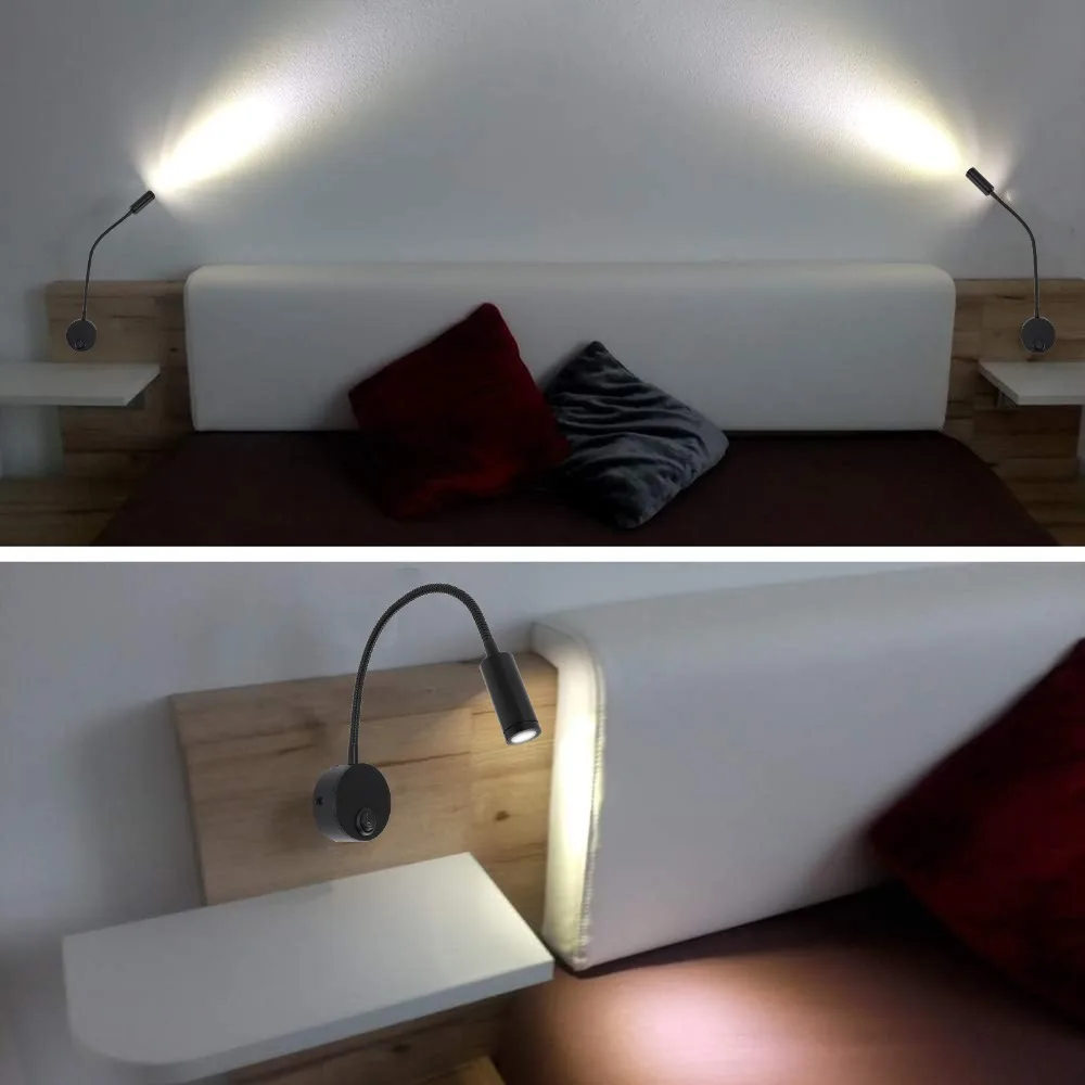 Energy Saving Gooseneck Reading Light Wall Mounted 3000K Warm White LED Wall Light Black Non Dazzling Reading Lamp Dorm